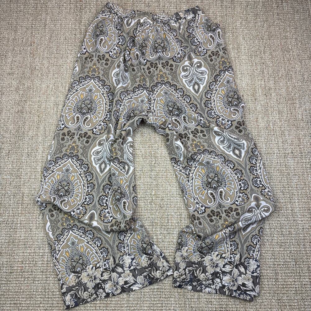 🌿 The Silk Collection 100% Silk Paisley Pants | Size M | Gray Gold